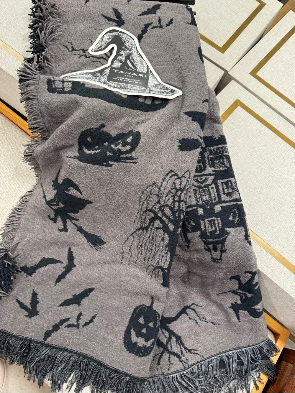 Tahari Gray & Black Halloween Throw Blanket